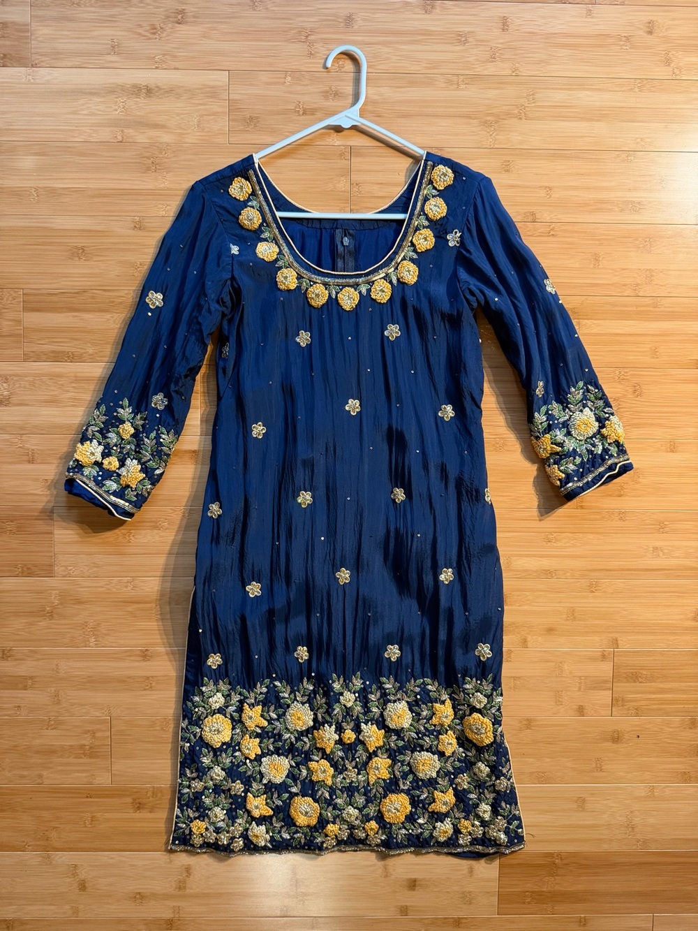 Navy Blue Embroidered South Asian Kurti Tunic Gold Floral Sequin ~39"